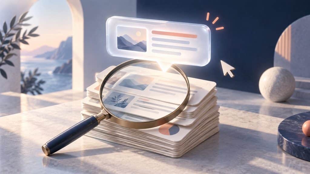 Magnifying glass and an answer bubble above layered information cards, illustrating AI search.