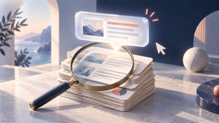 Magnifying glass and an answer bubble above layered information cards, illustrating AI search.