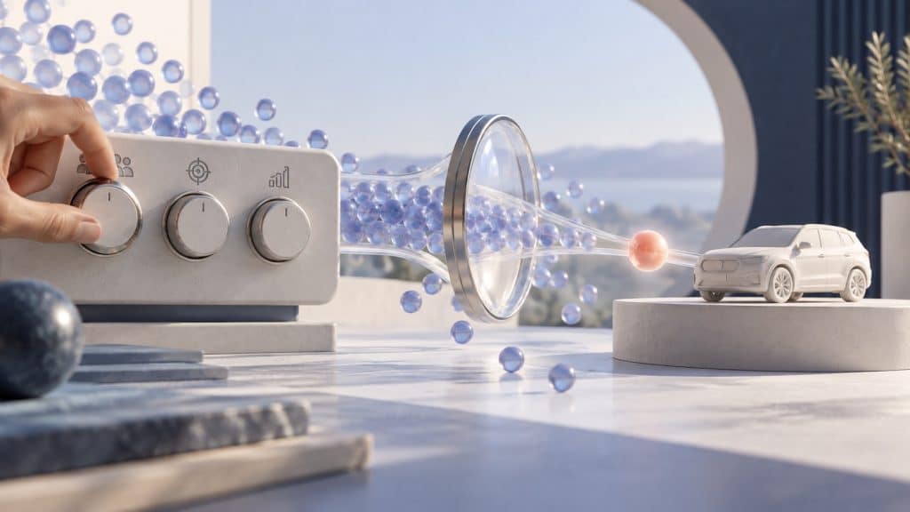 A hand adjusts campaign controls that guide coloured spheres toward a miniature vehicle.