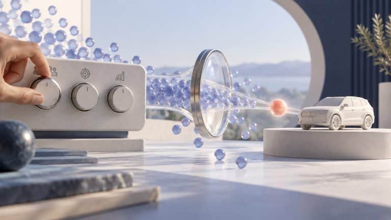 A hand adjusts campaign controls that guide coloured spheres toward a miniature vehicle.