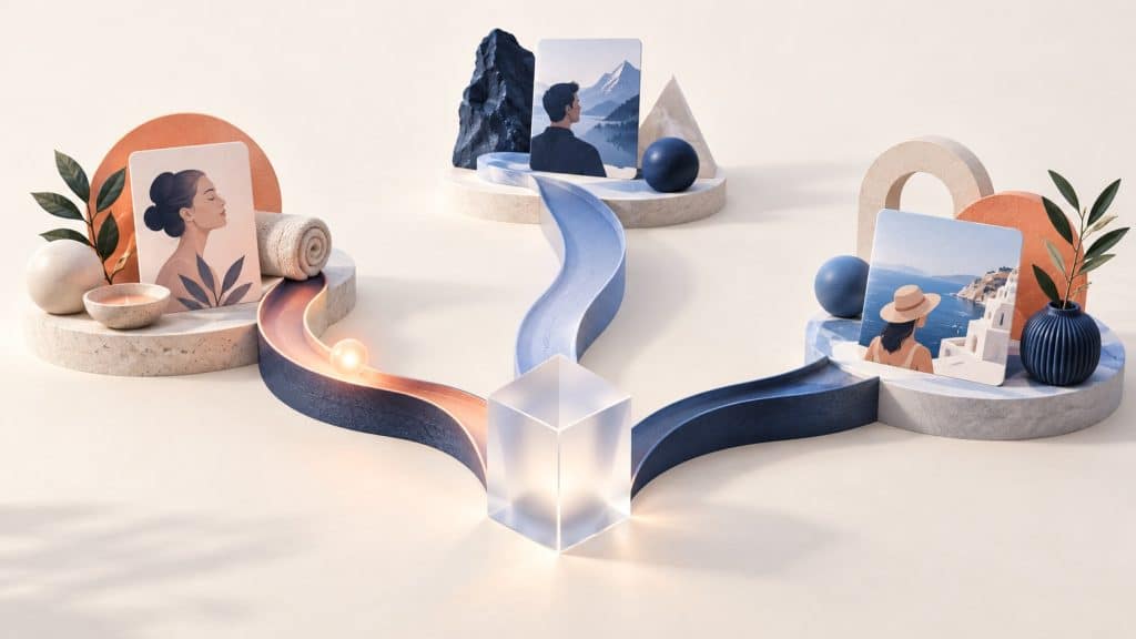 A central prism divides visitor journeys into three distinct paths and content cards.