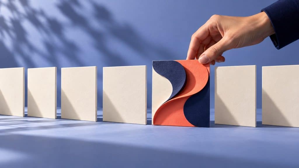 A hand places a distinctive navy and coral creative card among a row of identical ivory cards.