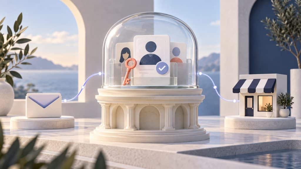 A transparent vault holds customer profile cards beside a consent check and connected business touchpoints.