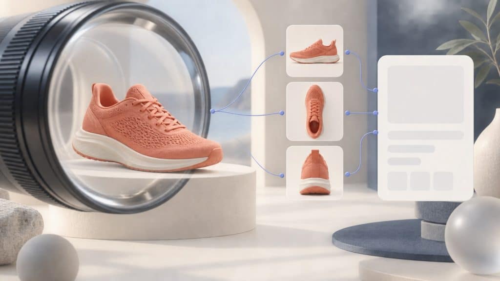 A magnifying lens examines a coral shoe alongside product-image angles and an information card.