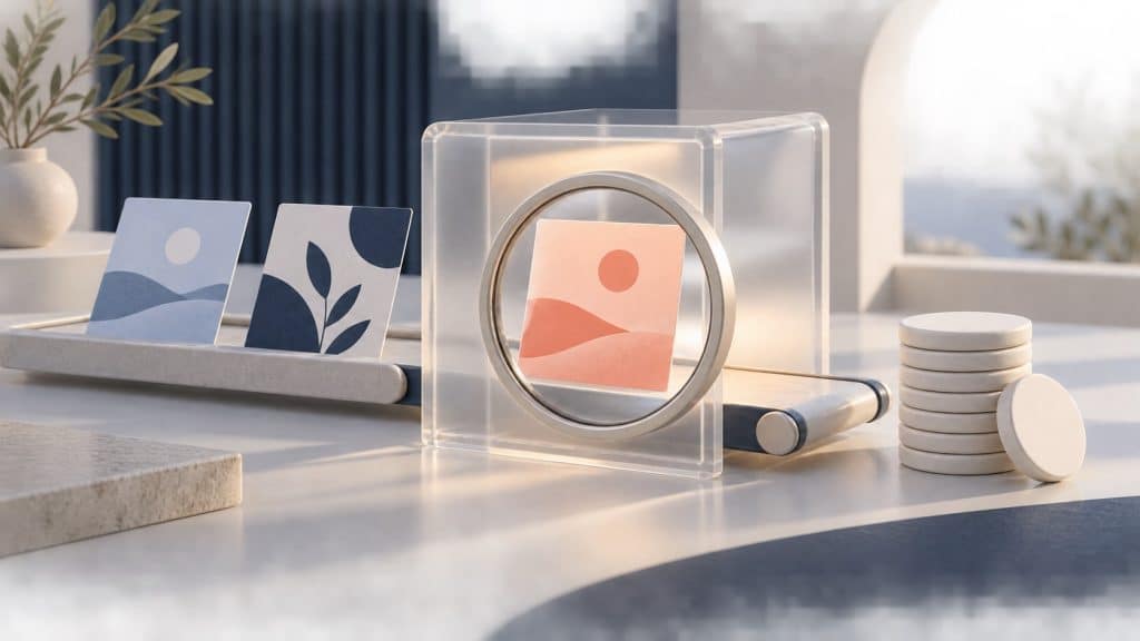 Three campaign cards pass through a glass evaluation chamber beside budget tokens.