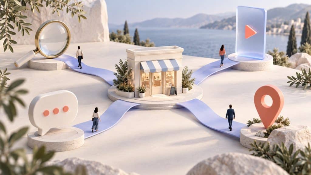 Search, video, chat and map symbols connect through curved paths to a storefront.