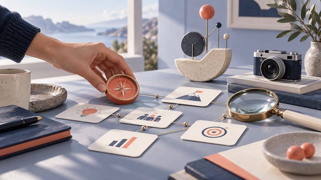 A hand uses a compass on a strategy desk linked to research, creative and measurement cards.